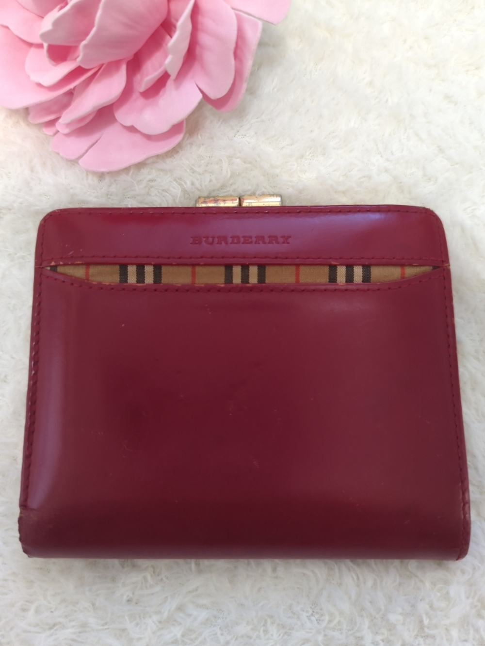 Burberry Authentic Leather Wallet Vintage Check Kisslock Bifold Gold Hardware